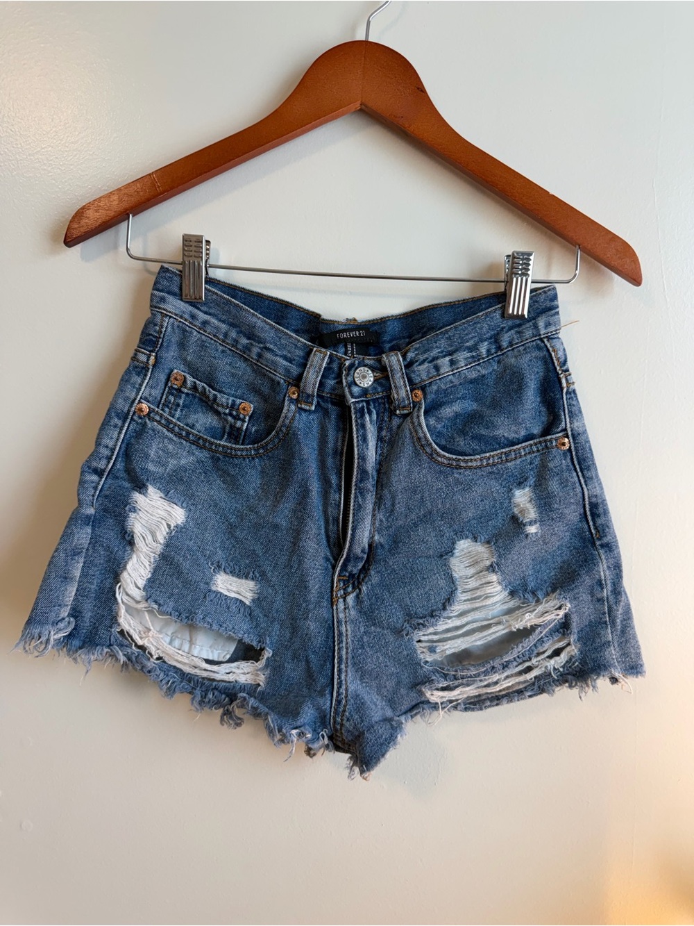 Forever 21 Distressed High-Waist Denim Shorts in Blue 25
